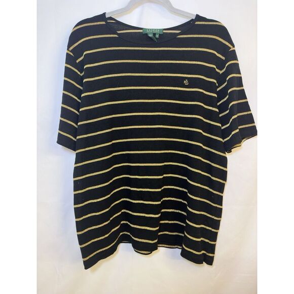 Lauren Ralph Lauren Short Sleeve Black Gold Stripe Top Size 2X Excellent UC‎ - Picture 1 of 4